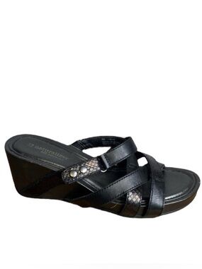 Naturalizer N5 Womens Comfort Black Leather Slip On Strappy Wedge Sandals Size 8